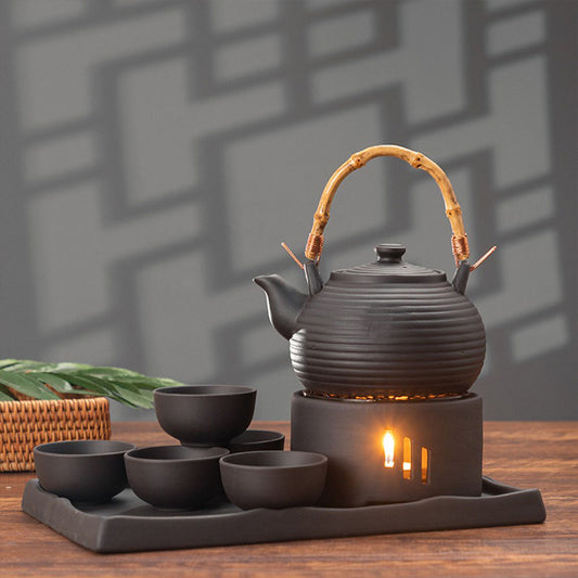 Black Clay Wooden Handle Tea Set With Warmer And Tray