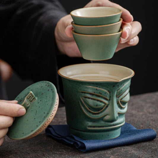 Sanxingdui One Pot Fills Three Cups Portable Teaware Set