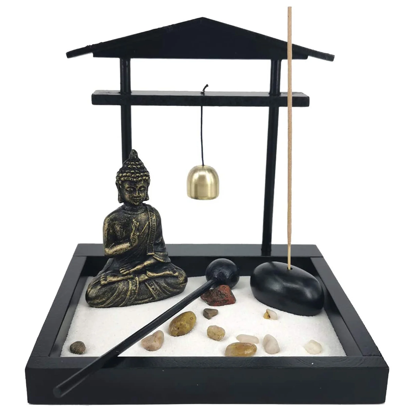 Desktop Black Meditating Buddha Statue Zen Sand Garden