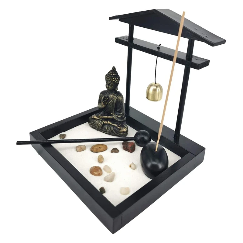 Desktop Black Meditating Buddha Statue Zen Sand Garden