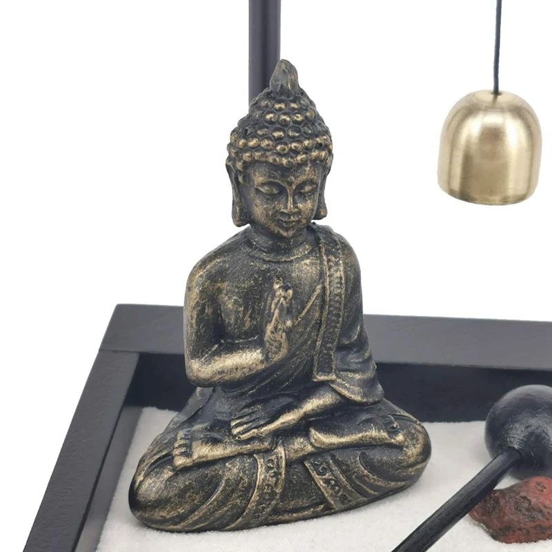 Desktop Black Meditating Buddha Statue Zen Sand Garden