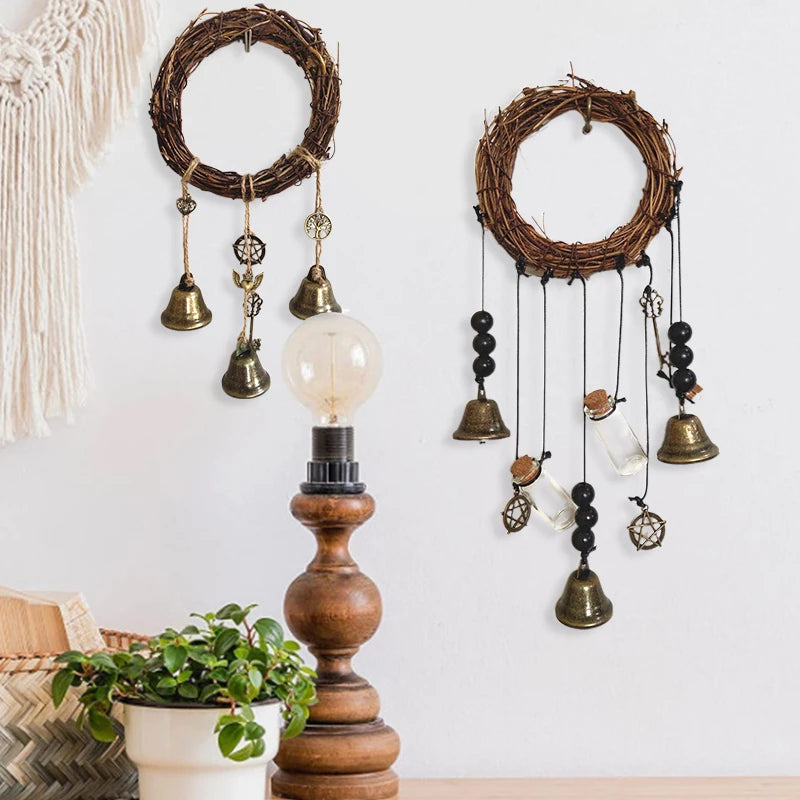 Bohemian Handmade Rattan Weaving Wreath Hemp Rope  Wind Chimes