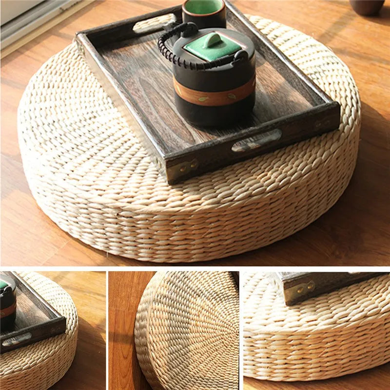 Natural Weave Handmade Straw Round Pouf Meditation Product Tatami Cushion