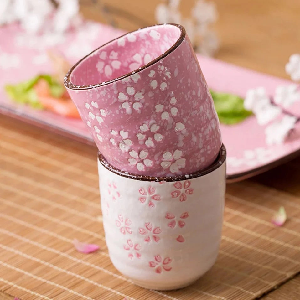 Japanese Style Pink Sakura Ceramic Underglaze Porcelain Tea Cup