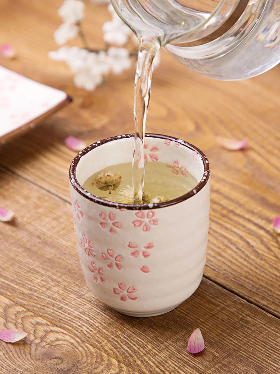 Japanese Style Pink Sakura Ceramic Underglaze Porcelain Tea Cup