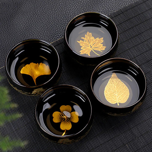 Jian Zhan Tenmoku Handmade Black Ceramic Golden Leaf Teacup