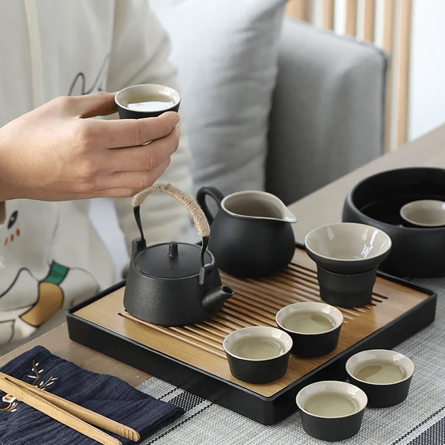 Minimalism Black Porcelain Chinese Gongfu Tea Set with Tray Infuser All-in-One Gift