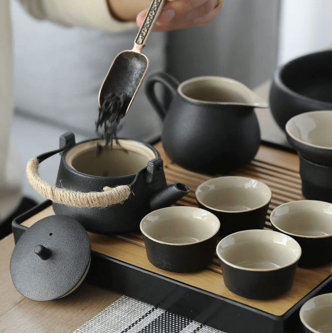 Minimalism Black Porcelain Chinese Gongfu Tea Set with Tray Infuser All-in-One Gift