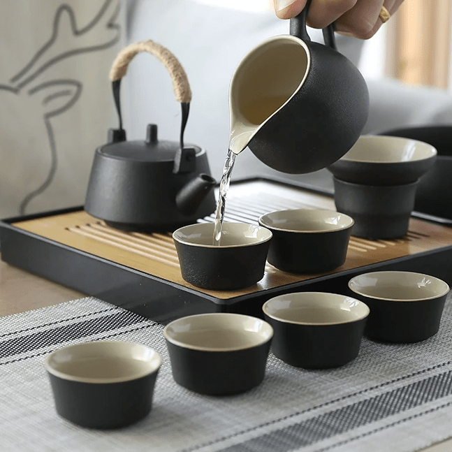 Minimalism Black Porcelain Chinese Gongfu Tea Set with Tray Infuser All-in-One Gift