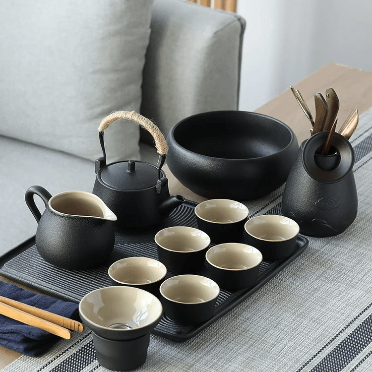 Minimalism Black Porcelain Chinese Gongfu Tea Set with Tray Infuser All-in-One Gift