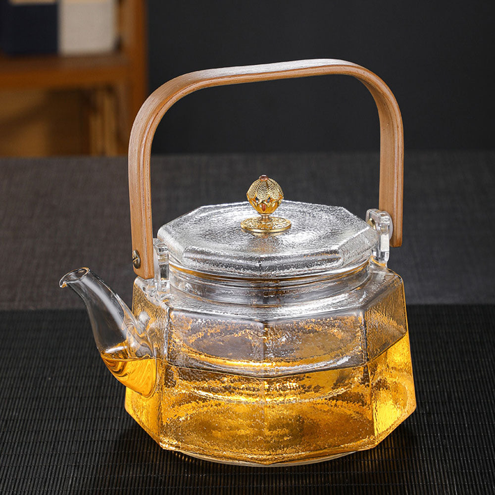 Square Wooden Handle Frosted Texture Glass Teapot