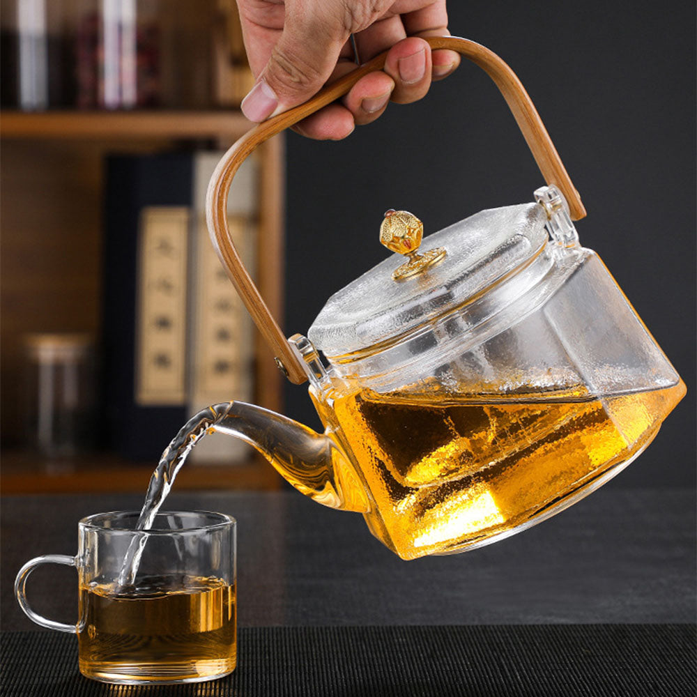 Square Wooden Handle Frosted Texture Glass Teapot