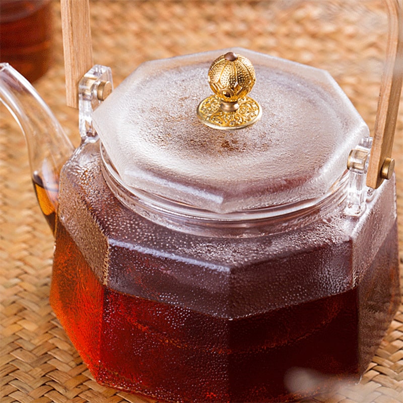 Square Wooden Handle Frosted Texture Glass Teapot