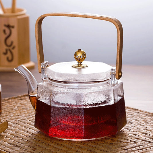 Square Wooden Handle Frosted Texture Glass Teapot