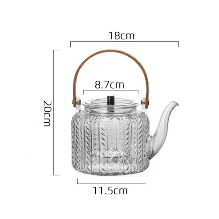 Wooden Handle Wheat Ear Texture Glass Teapot With Two Styles Infuser