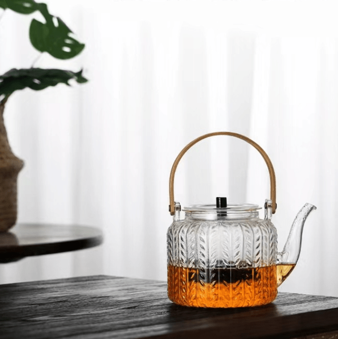 Wooden Handle Wheat Ear Texture Glass Teapot With Two Styles Infuser